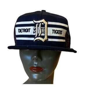 Vintage AJD SuperStripes Detroit Tigers Snapback hat Mesh 1970s Sz Large Navy